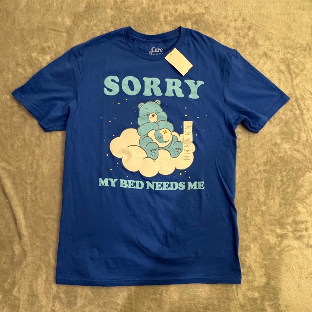 Care Bears Bedtime Bear Graphic T-Shirt Men's Medium Blue Sorry My Bed Needs Me